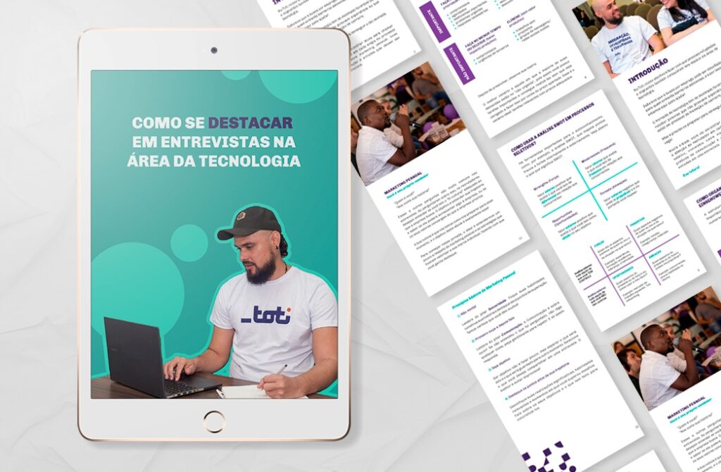 Capa de e-book "Como se destacar em entrevistas na área da tecnologia", com um design moderno em verde água e a imagem de um homem trabalhando em um laptop. Ao lado, páginas internas do e-book mostram dicas, gráficos e informações para auxiliar candidatos da área de tecnologia.